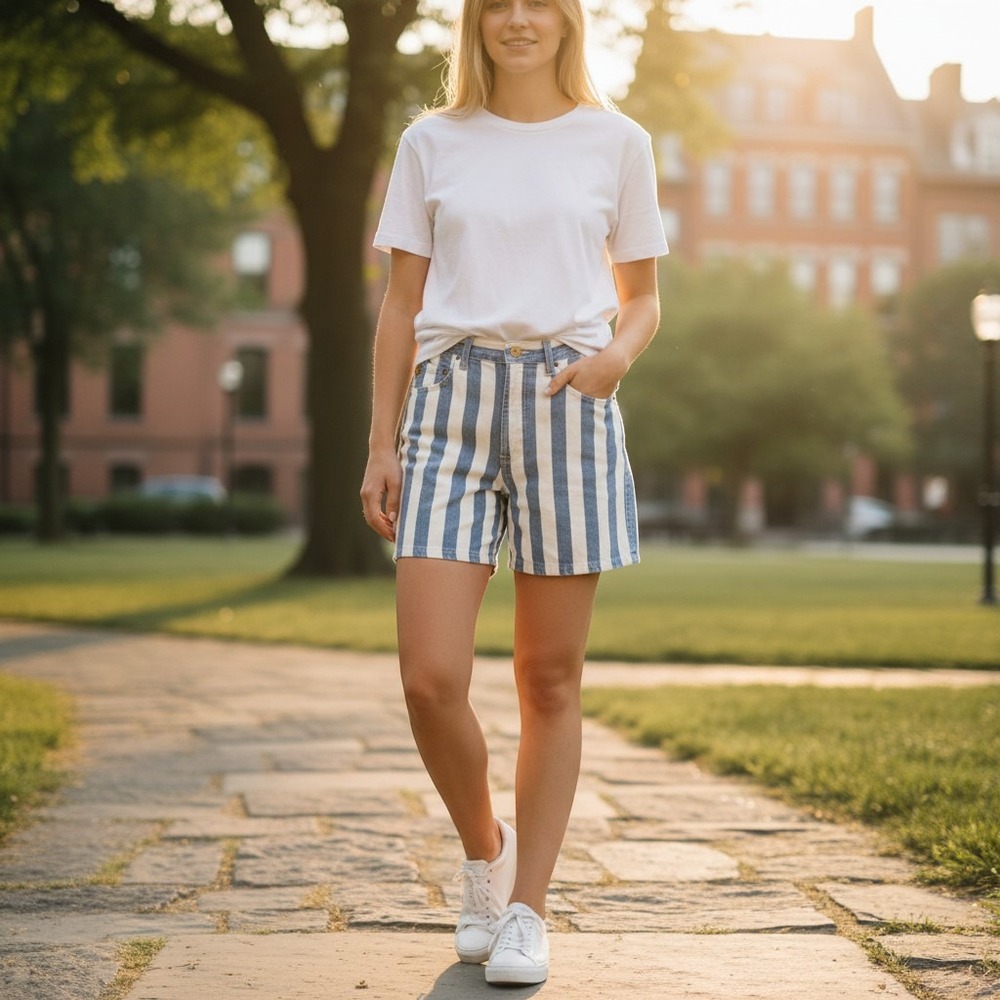 Chic Striped Denim Shorts Womens 11 Blue White Vintage High Waisted Made in USA